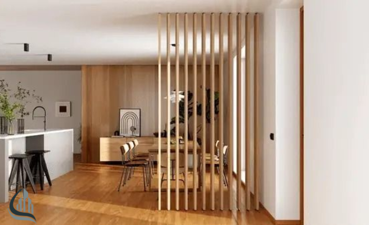  Functional Room Divider with Vertical Wooden Slats
