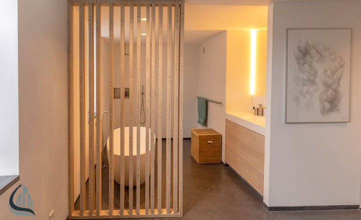  Modern Bathroom with Slatted Room Divider