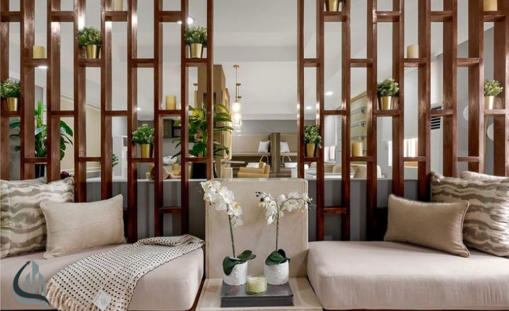 Contemporary Living Room with Wooden Room Partition