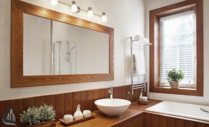  Natural Wood Vanity in bathroom

