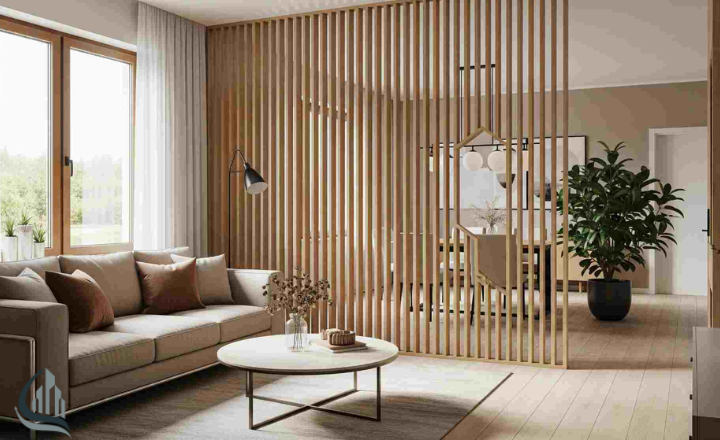 7. Wooden Room Separator in Modern Contemporary Living Room