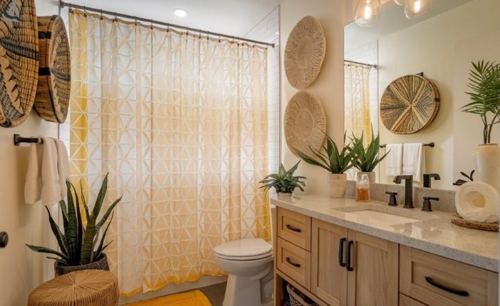 exposed brick wall in rustic boho bathroom interior