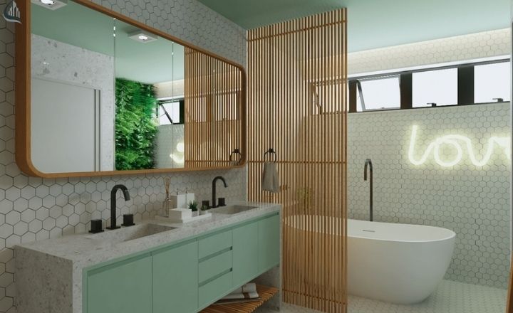 freestanding bathtub in modern boho bathroom setup
