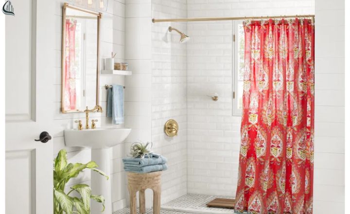 patterned shower curtain in bohemian bathroom style