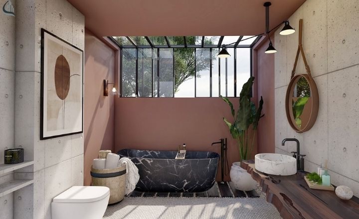 vintage patterned rug placed in cozy boho bathroom