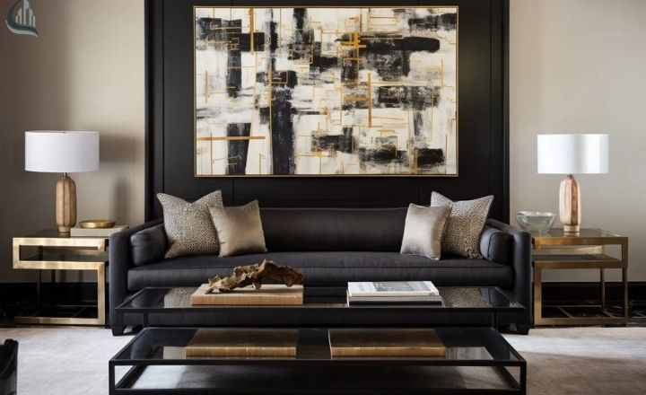 Art Deco Living Room Decor with Black and White Flooring
