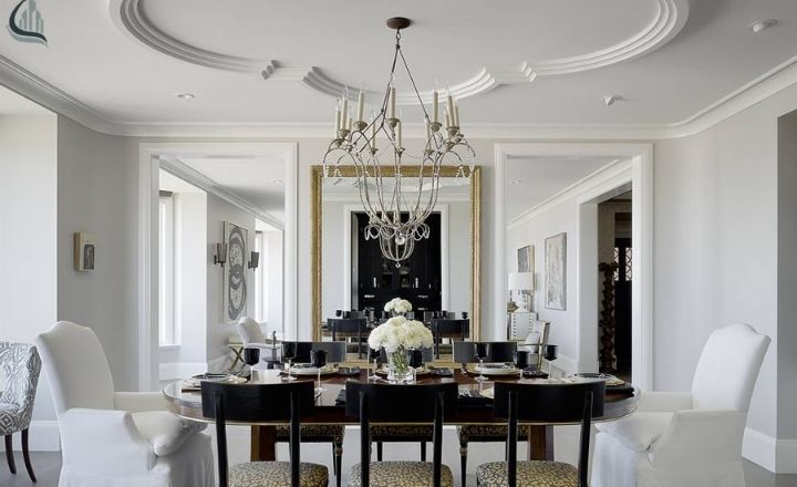 Art Deco Living Room with Decorative Ceiling Medallion