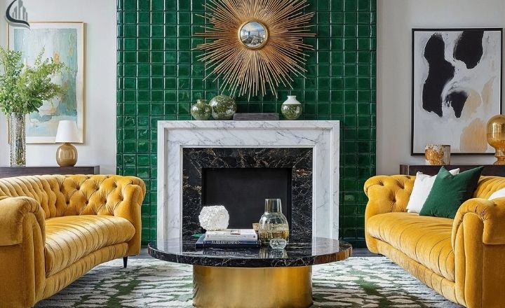 Art Deco Living Room with Emerald Green and Gold Decor