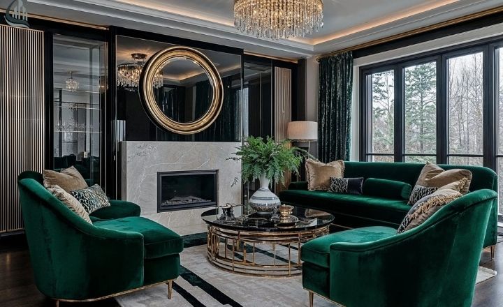 Art Deco Living Room with Mirrored Furniture and Brass Accents