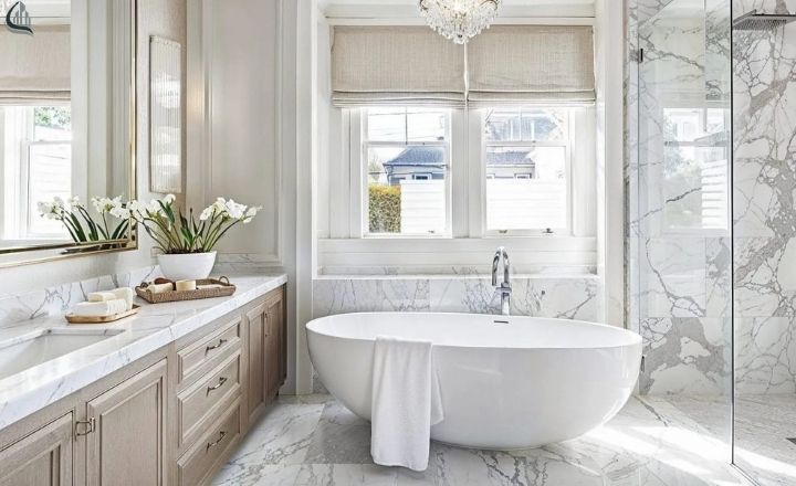 Bathroom tile design with classic patterns and clean finish