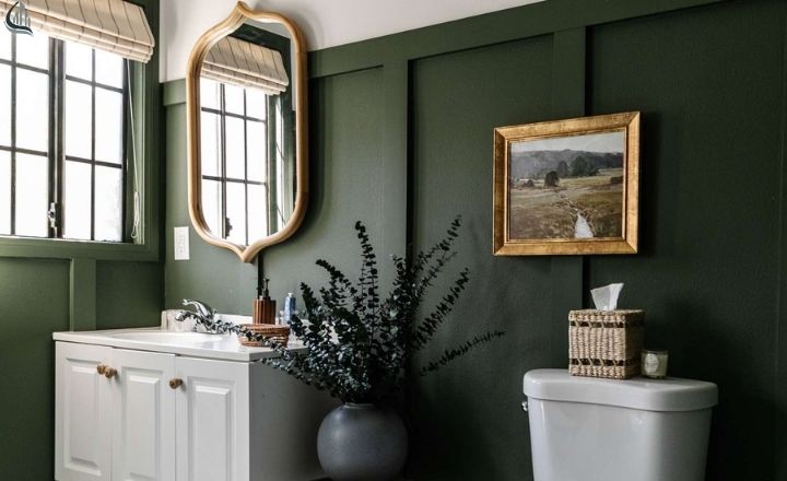 Bathroom wall decor with framed art and patterned accents