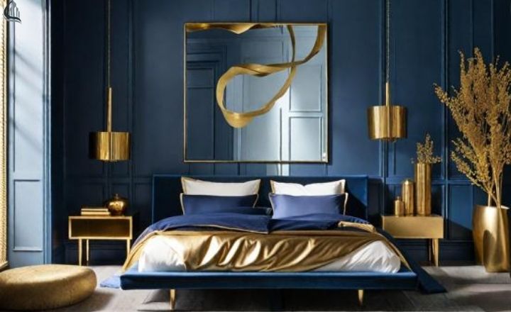 Blue and gold living room colour combination