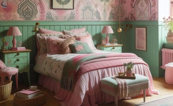 Bold pink and green modern living room design