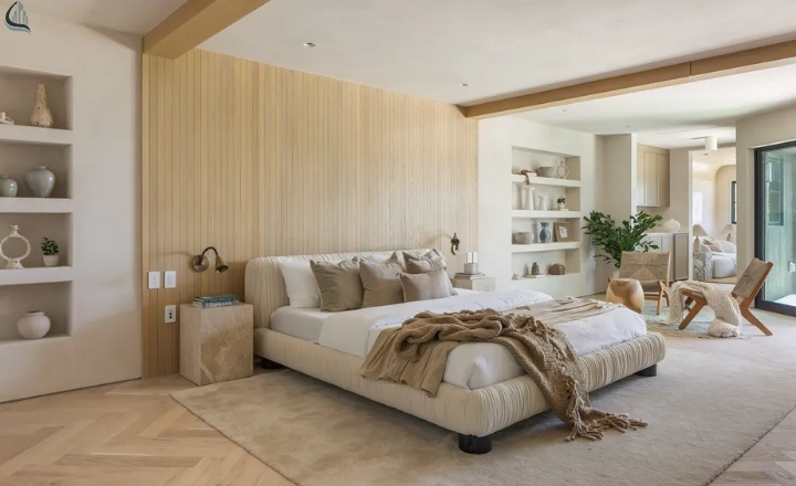 Cozy bedroom with soft peach and neutral decor