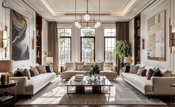 Modern Art Deco Living Room Design with Velvet Sofa