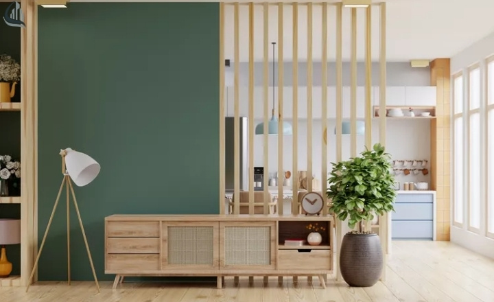 Modern Wood Slat Divider Between Living Room and Kitchen