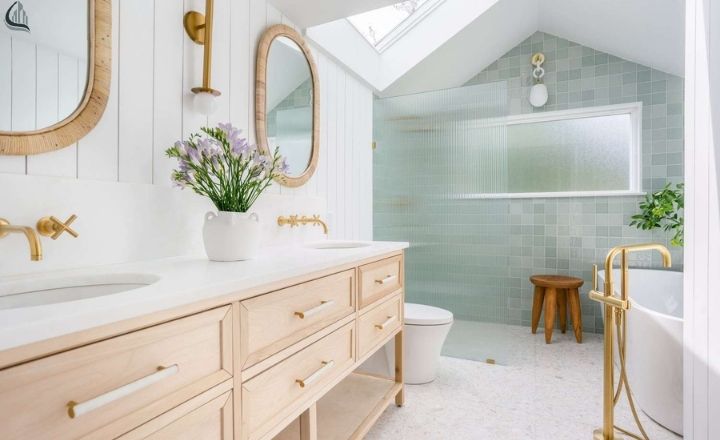 Modern bathroom with clean lines and minimal decor styling