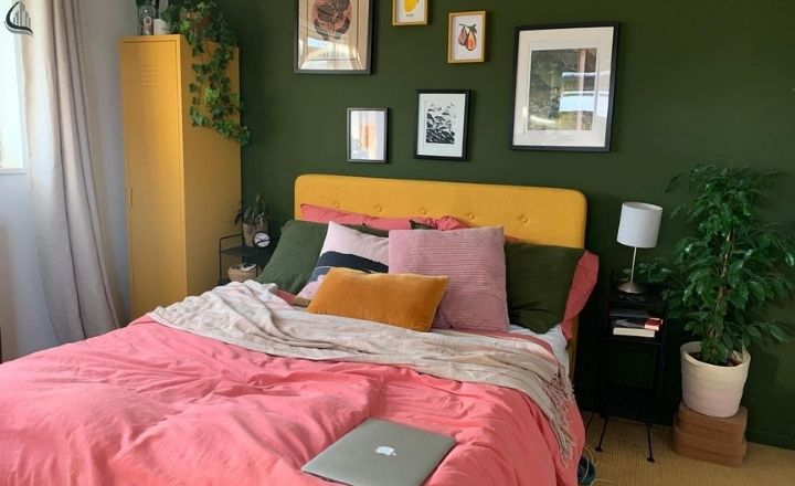 Mustard yellow and forest green living room design