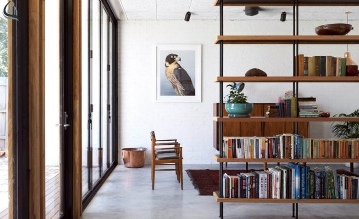 Open Shelf Divider Between Kitchen and Living Room