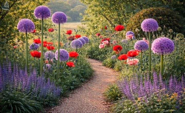 Purple allium flowers adding height to a flower bed