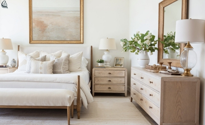 Relaxing bedroom colors with soft beige and wood accents