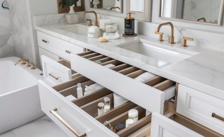 Smart bathroom storage ideas with organized shelves and cabinets