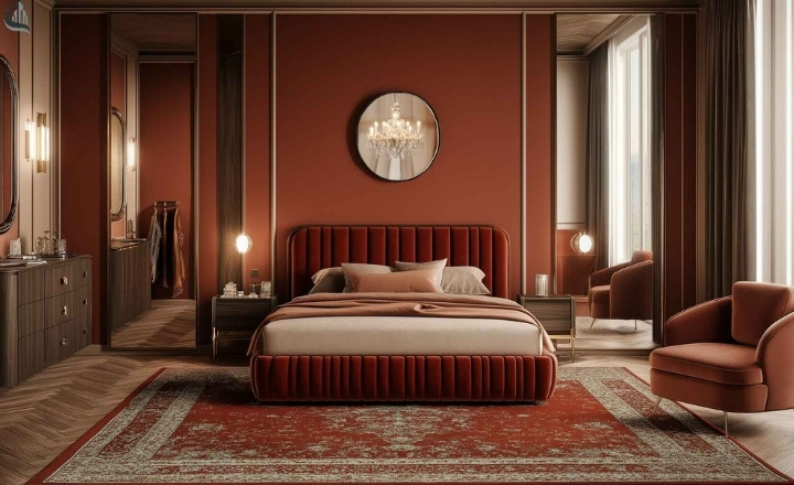 Warm bedroom colour scheme with beige and terracotta tones