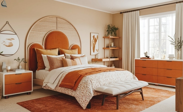 Warm bedroom with burnt orange and soft textiles