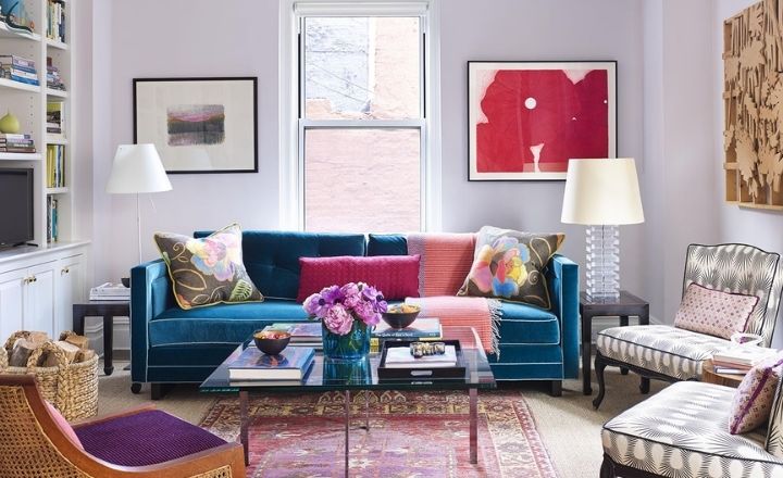 White living room with jewel tone accents