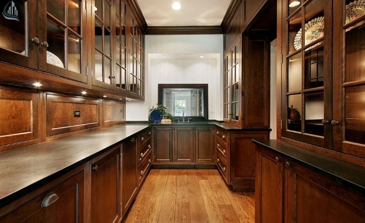 Kitchen pantry design ideas with wooden shelves