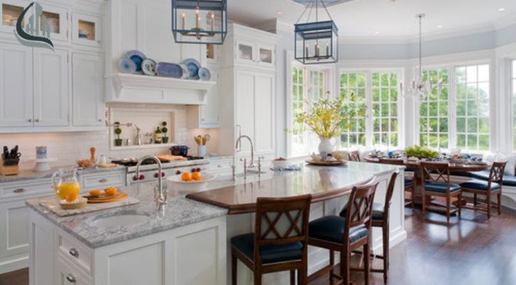 16 | White kitchen with blue plaid wallpaper ceiling